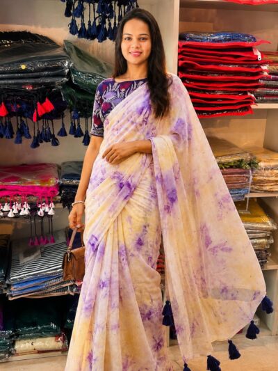 Designer Saree - tie-dye shibori chiffon saree with navy embroidered blouse