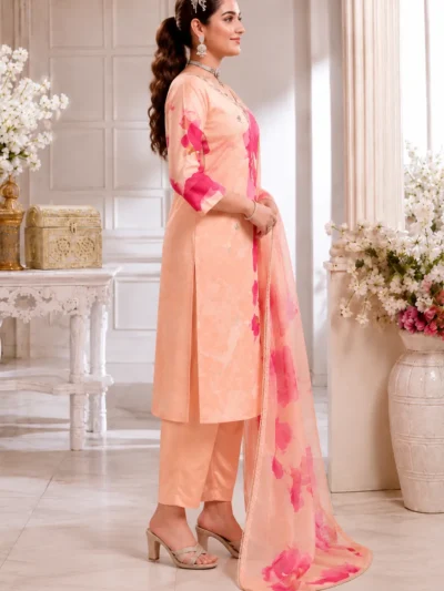 Peach Blossom Kurti Set – Chiffon Floral Print 3 Piece Suit, photo 3