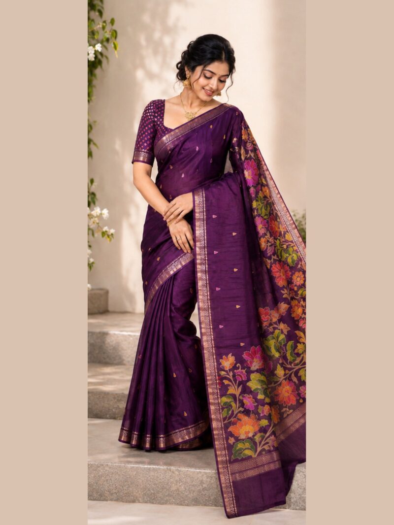 Woman wearing a deep purple Binny silk saree with gold zari border and a multicolour Paithani style floral pallu
