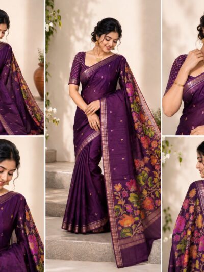 Close up detail views of the purple Binny silk saree showing the zari border, buti motifs and floral pallu