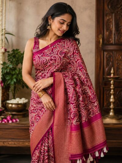 Woman wearing a magenta saree with an all-over Kashmiri paisley print and a woven zari pallu with cream tassels