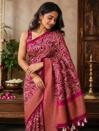 Woman wearing a magenta saree with an all-over Kashmiri paisley print and a woven zari pallu with cream tassels