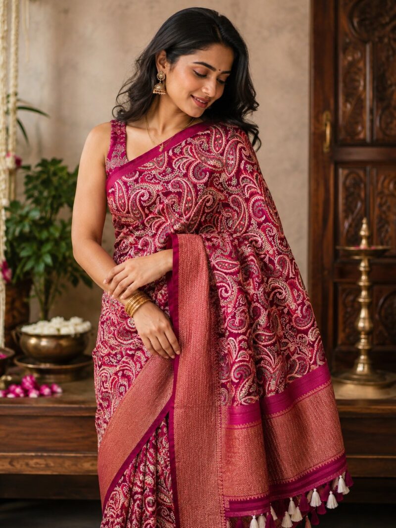 Woman wearing a magenta saree with an all-over Kashmiri paisley print and a woven zari pallu with cream tassels