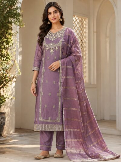 Woman wearing a mauve embroidered 3 piece party wear kurti set with straight pants and a gold striped organza dupatta