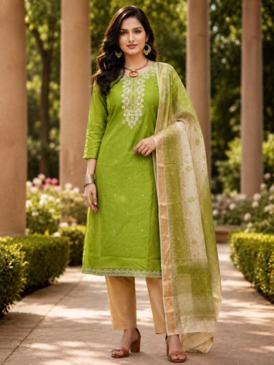 Woman wearing a parrot green embroidered 3 piece kurti set with beige striped pants and a green and cream printed dupatta