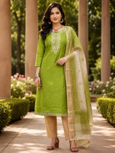 Woman wearing a parrot green embroidered 3 piece kurti set with beige striped pants and a green and cream printed dupatta