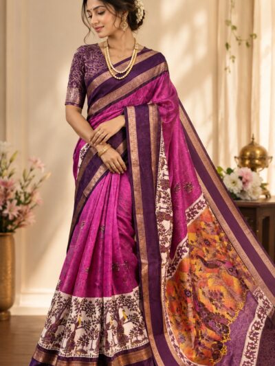 Woman wearing a rani pink Dola silk saree with a purple zari border and Kalamkari peacock printed pallu