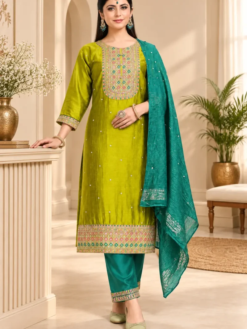 Olive Green Silk Party Wear
