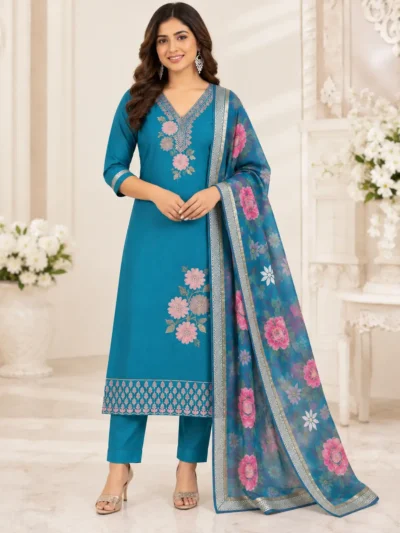 The outfit is teal blue peacock blue. 1