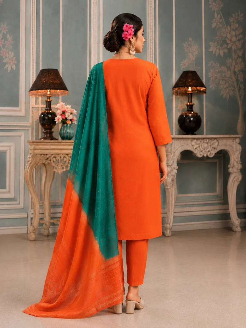 rayon outfit, bright orange dress, orange ethnic wear, 3 piece outfit, party wear, festive wear, orange party wear, women ethnic wear