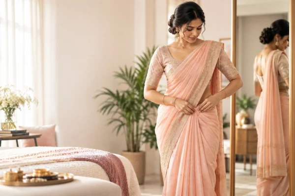 Woman pleating a peach georgette saree in front of a full-length mirror