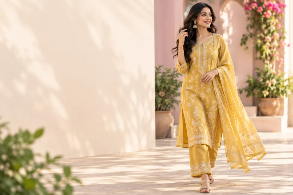 Woman walking in a mustard yellow 3 piece kurti set with printed dupatta past a sunlit pastel wall