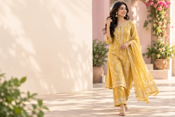 Woman walking in a mustard yellow 3 piece kurti set with printed dupatta past a sunlit pastel wall