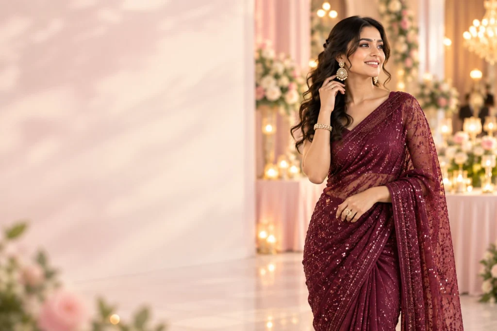 Woman wearing a deep wine sequinned georgette party saree at a wedding reception with candlelight and floral decor