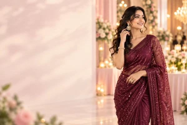 Woman wearing a deep wine sequinned georgette party saree at a wedding reception with candlelight and floral decor