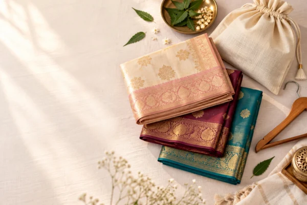 Ivory, wine and teal silk sarees folded beside a muslin storage pouch, neem leaves and wooden hangers