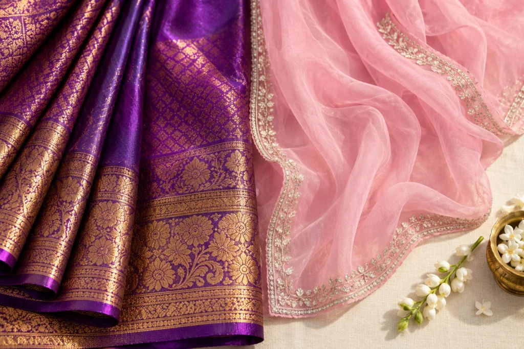 Royal purple silk saree with gold zari border beside soft blush georgette fabric with silver thread edging