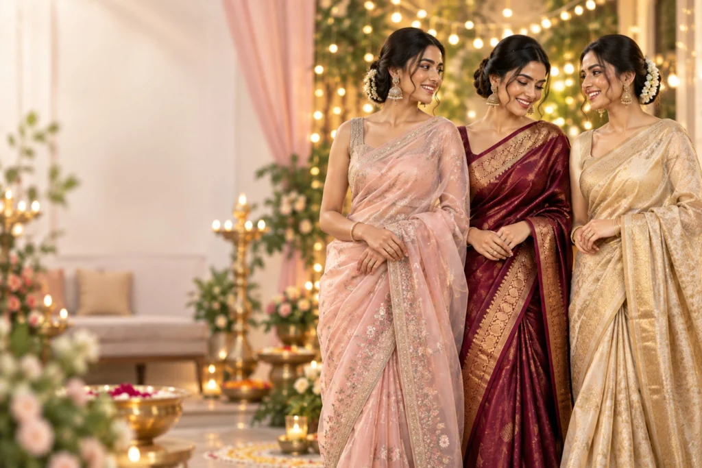 Three women wearing blush organza, wine silk and gold tissue sarees at a festive gathering with string lights